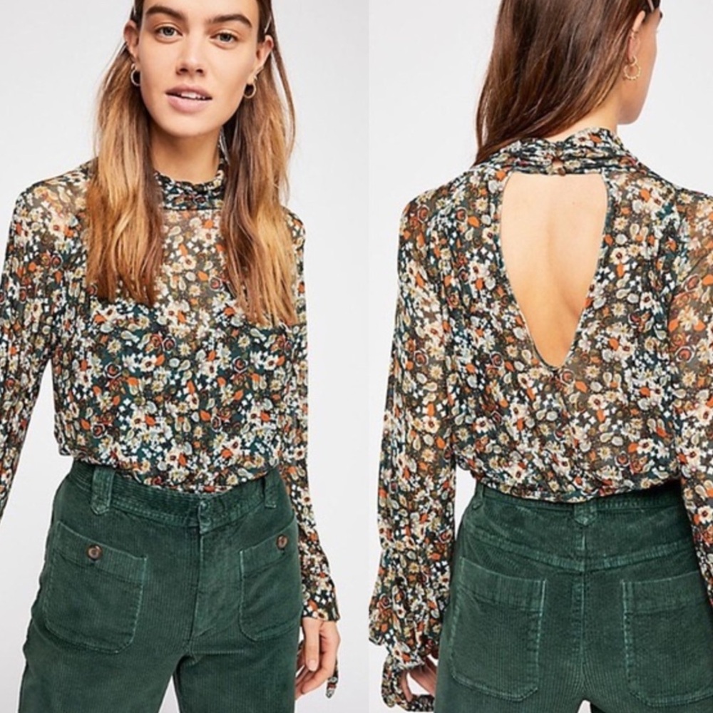 Free People Floral Mesh Top M Sheer Mock Neck Open Back Sleeve Stretch Blouse